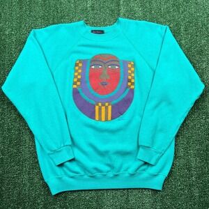 VTG Laurel Burch Rising Sun Face Art Abstract Raglan Sweatshirt Men's L Teal 80s